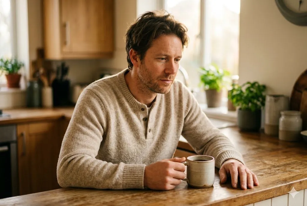 Man around 40 in oatmeal henley knit jumper seated at a wooden kitchen counter holding a ceramic mug in warm morning light