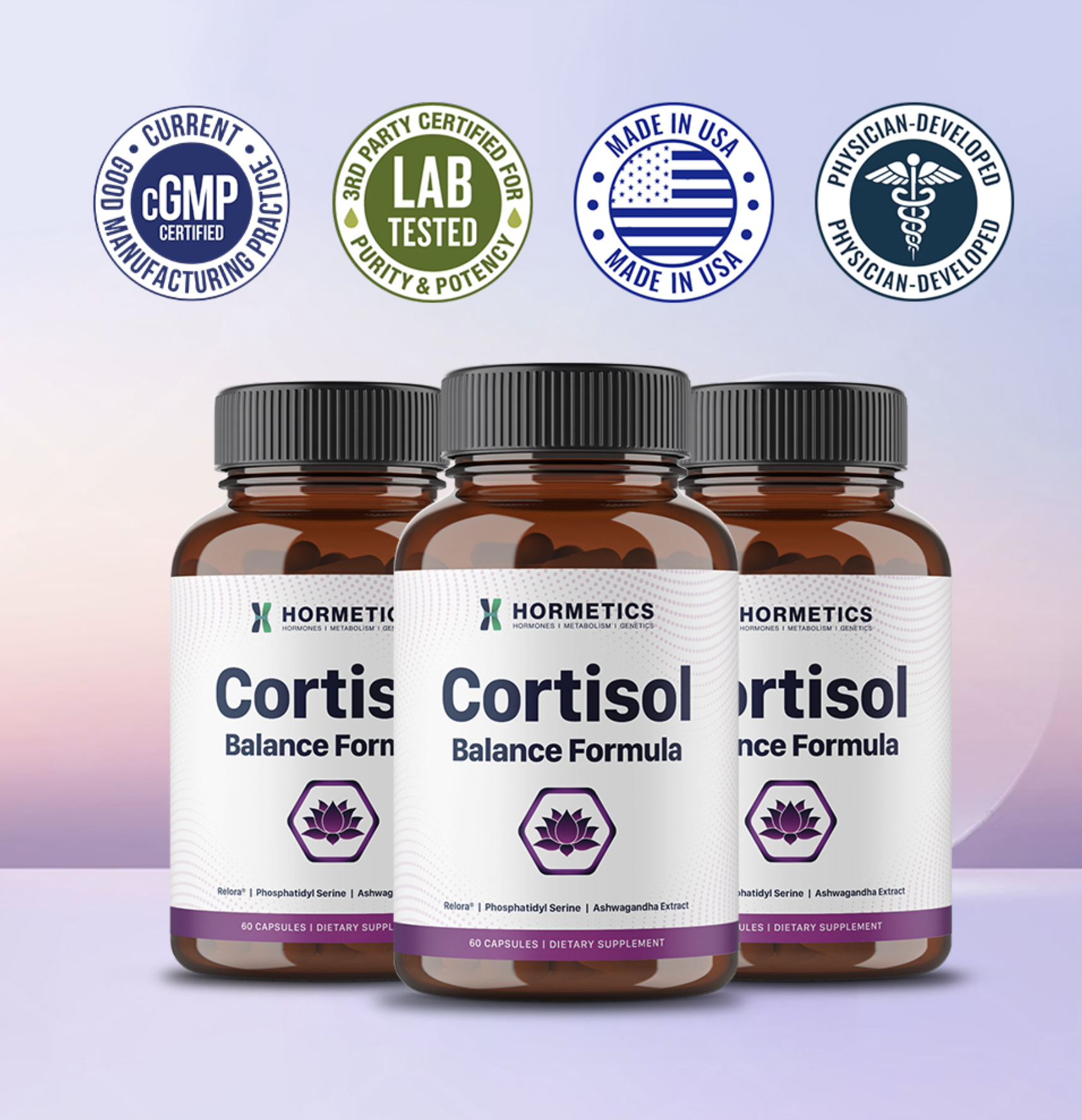 Three bottles of Cortisol Balance Formula on a soft purple background