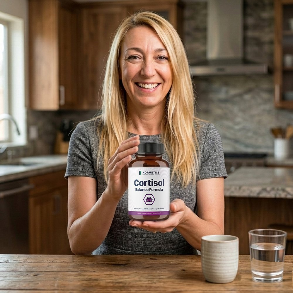A smiling woman at her kitchen counter holding a bottle of Hormetics Cortisol Balance Formula, with a mug and water glass beside her