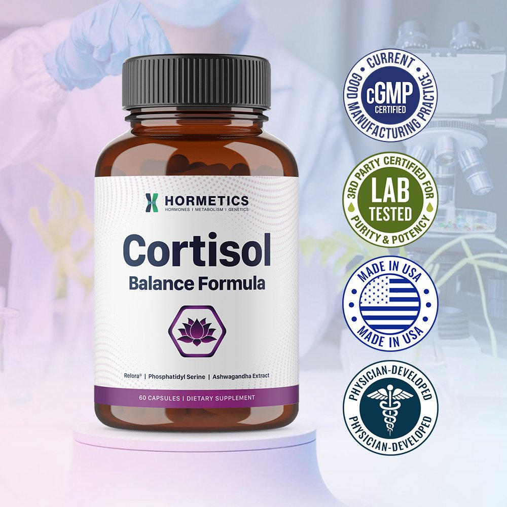 Cortisol Balance Formula bottle on a laboratory background with cGMP Certified, 3rd Party Lab Tested, Made in USA, and Physician-Developed seals