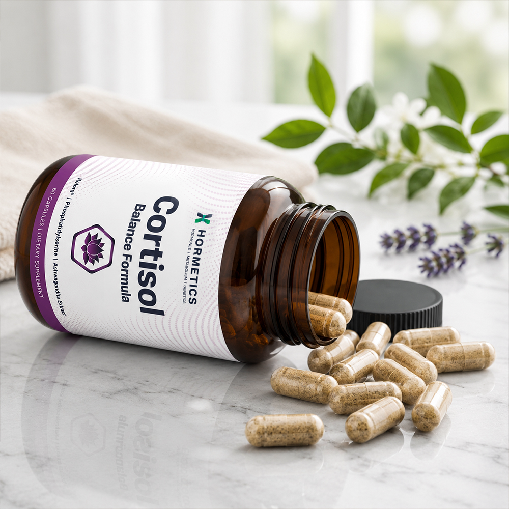 Open bottle of Cortisol Balance Formula with capsules spilled out