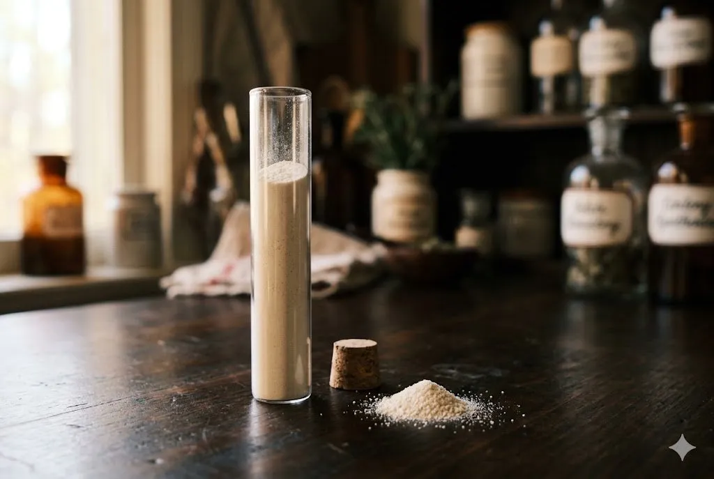 Pale 7-Keto DHEA powder in a glass vial on a wooden surface
