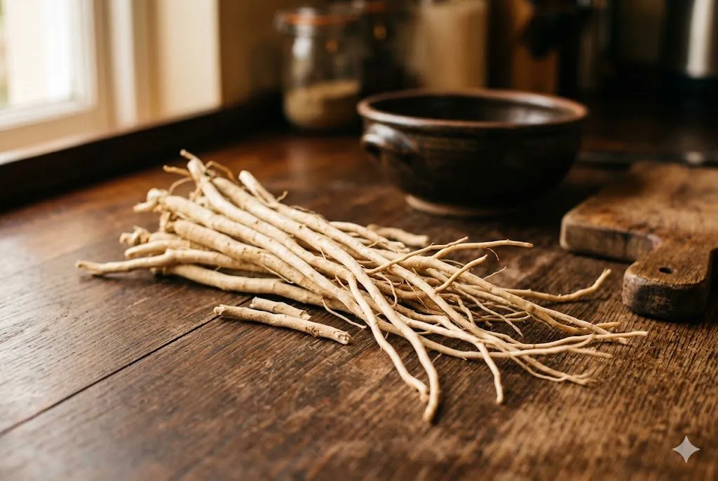 Ashwagandha roots on a rustic wooden table