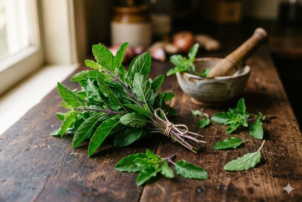 Fresh tulsi (holy basil) leaves bundled on a wooden table