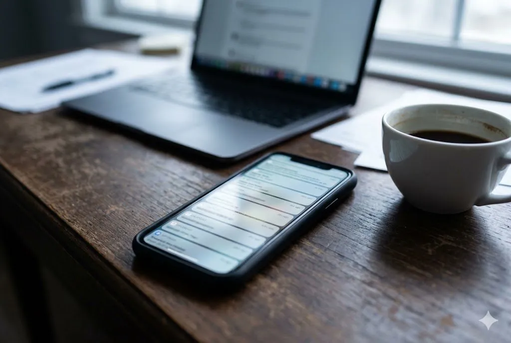 Smartphone face-up on a dark wooden desk showing a stack of notification banners, with coffee mug and laptop blurred behind