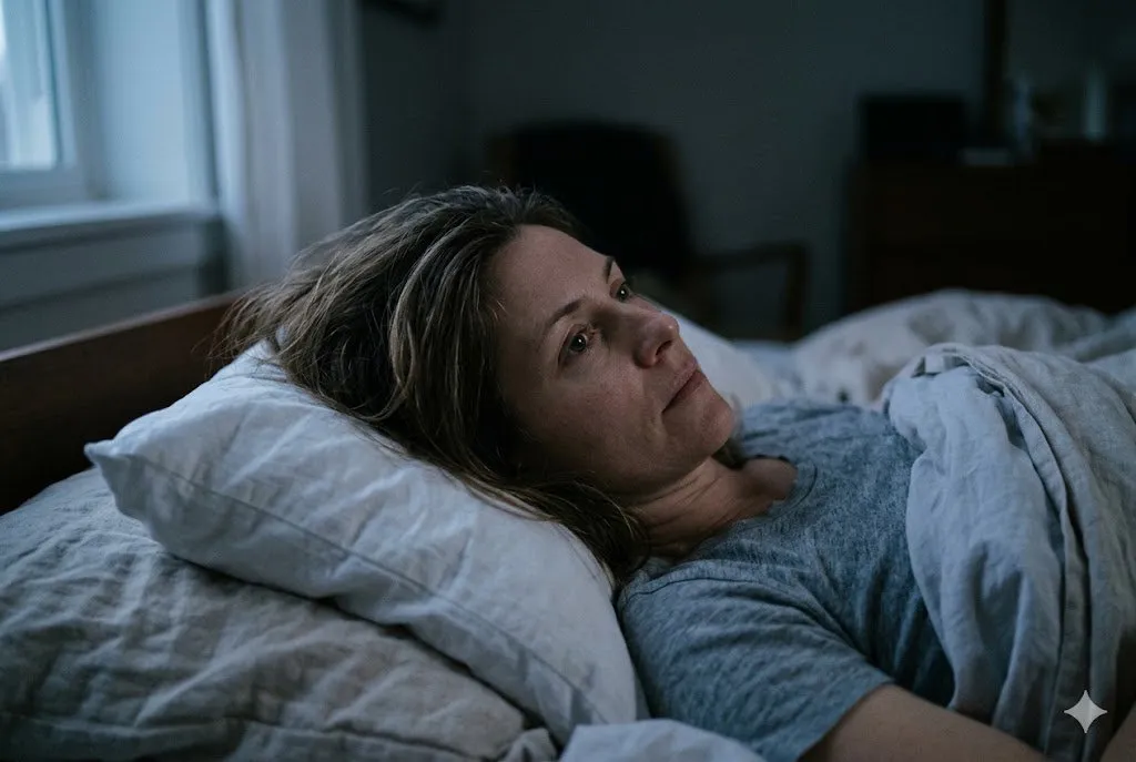 Woman lying on her side in bed with eyes open on a soft pillow with rumpled pale linen bedding in dim cool early-morning light