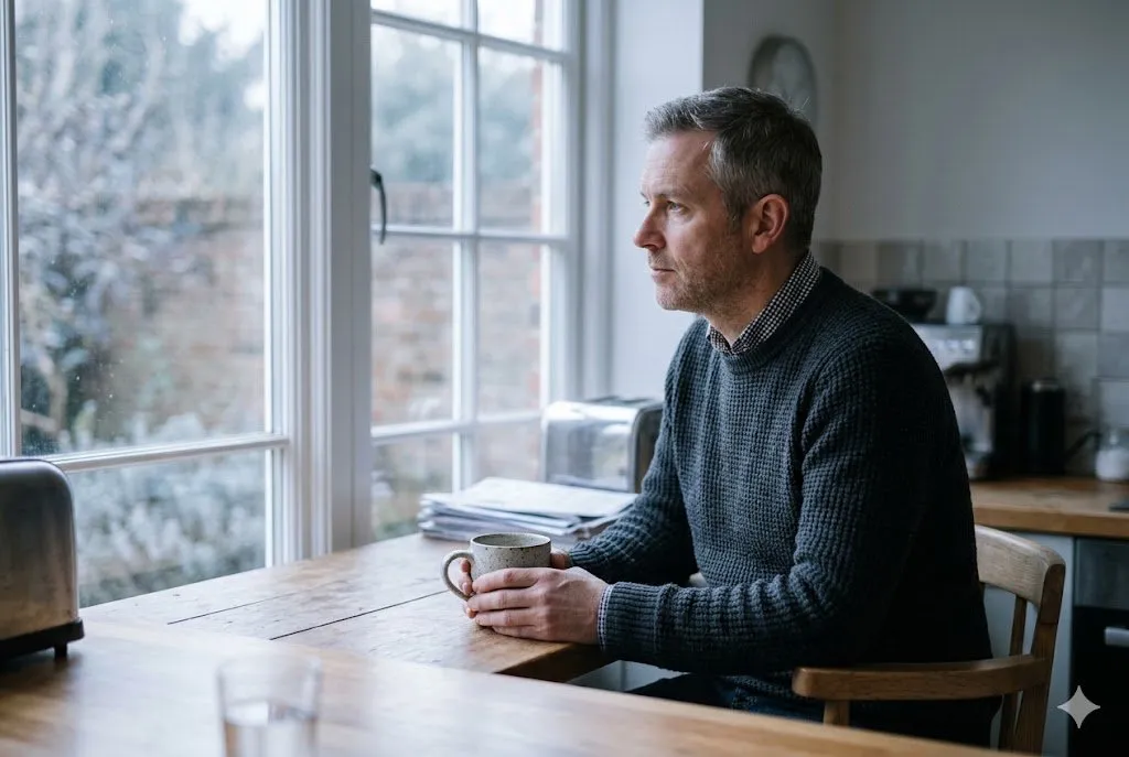 David sitting by his kitchen window with a cup of coffee