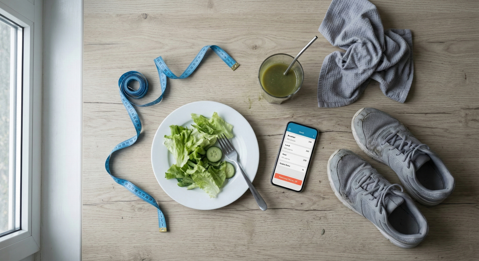 Healthy food, fitness shoes, and a calorie tracking app representing traditional diet approaches