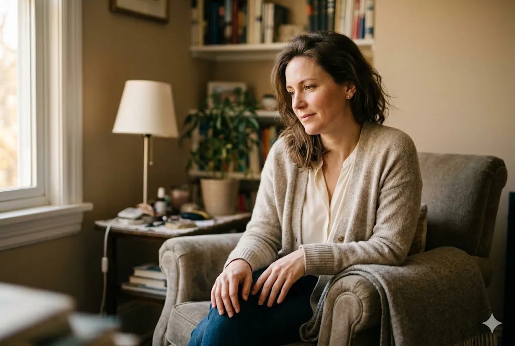 Woman with shoulder-length brown wavy hair in oatmeal knit cardigan seated in a cream armchair in a warm reading nook
