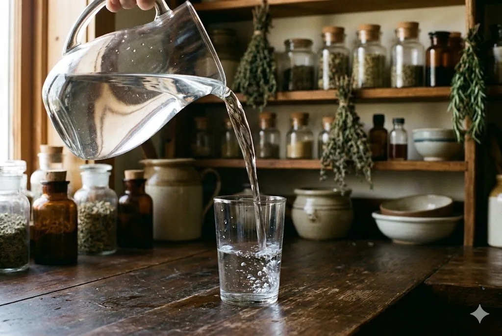 Clear water being poured from a glass jug into a drinking glass on a dark wooden counter, apothecary shelving in background