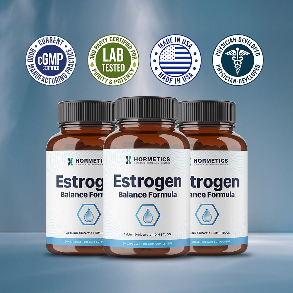 Three bottles of Estrogen Balance Formula on a soft blue background with cGMP Certified, 3rd Party Lab Tested, Made in USA, and Physician-Developed seals above