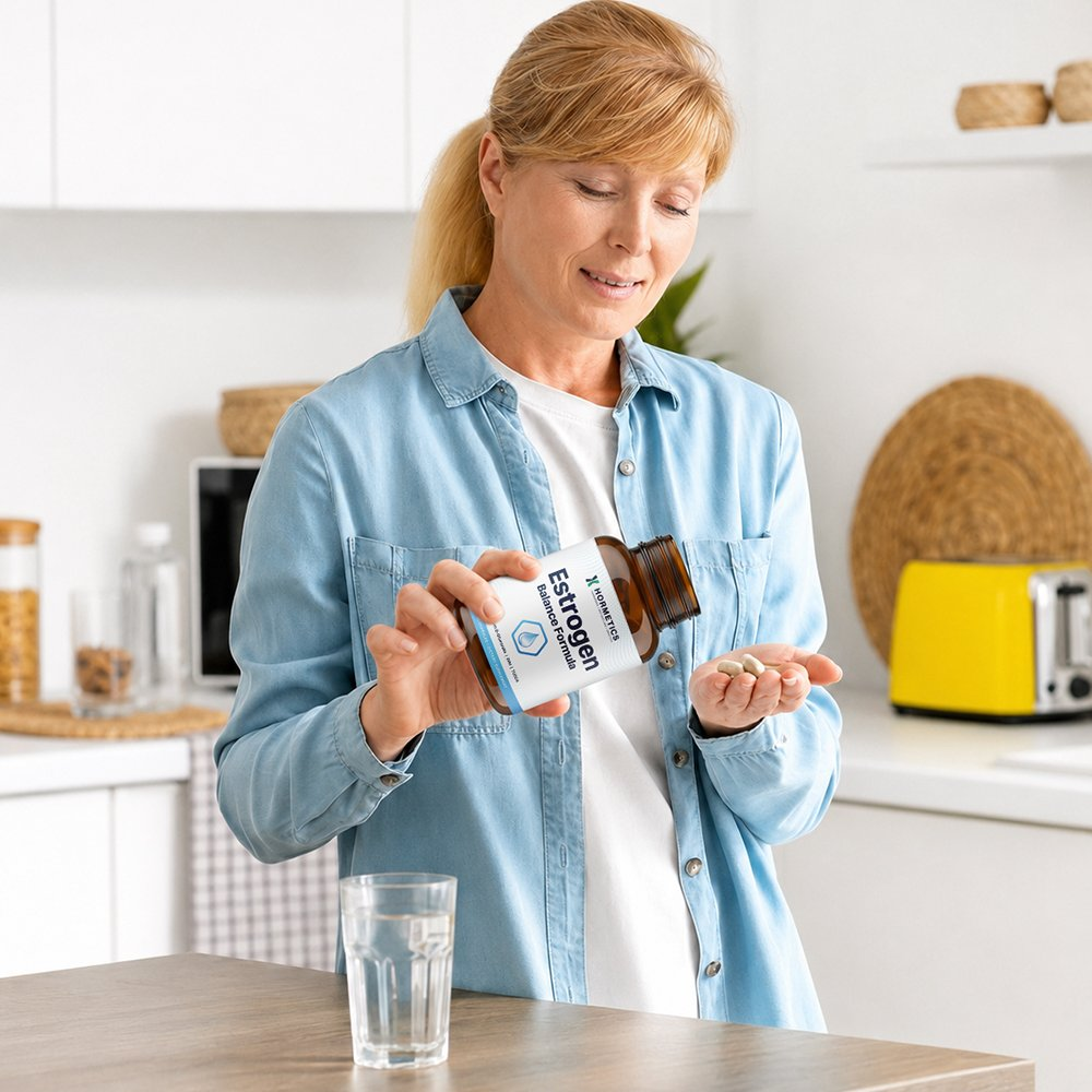 A woman at her kitchen counter pouring capsules from a bottle of Hormetics Estrogen Balance Formula into her hand, with a water glass beside her