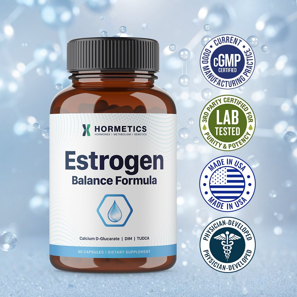 Estrogen Balance Formula bottle on a soft blue molecular background with cGMP Certified, 3rd Party Lab Tested, Made in USA, and Physician-Developed seals