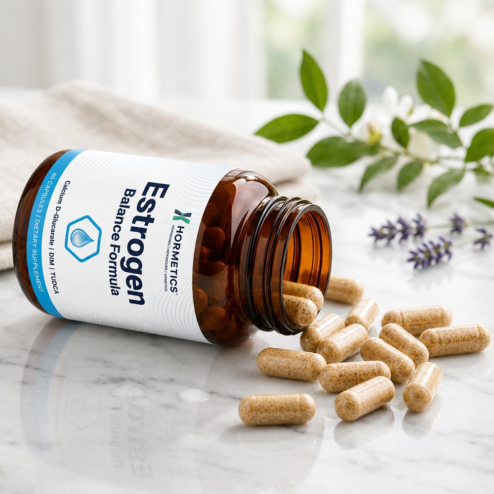 Open bottle of Estrogen Balance Formula on a marble counter with capsules spilled and lavender sprigs in the background