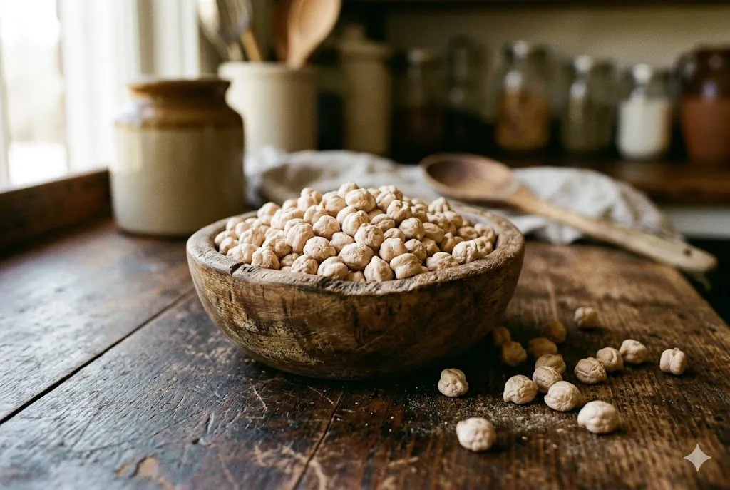 Wooden bowl full of beige chickpeas on a dark wooden counter