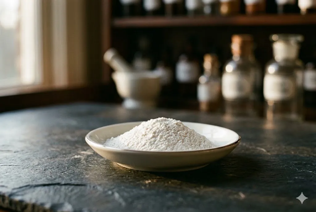 Fine white powder mounded in a small white porcelain dish on a dark slate surface