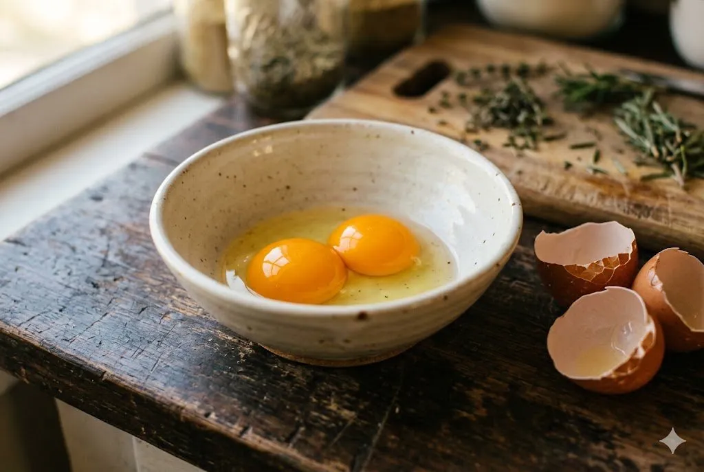 Two golden-orange egg yolks in a cream ceramic bowl with cracked brown eggshells beside it
