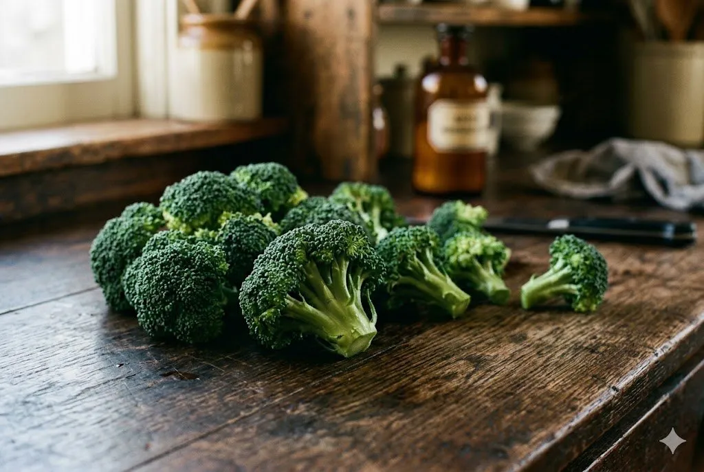Fresh green broccoli florets on a dark wooden counter