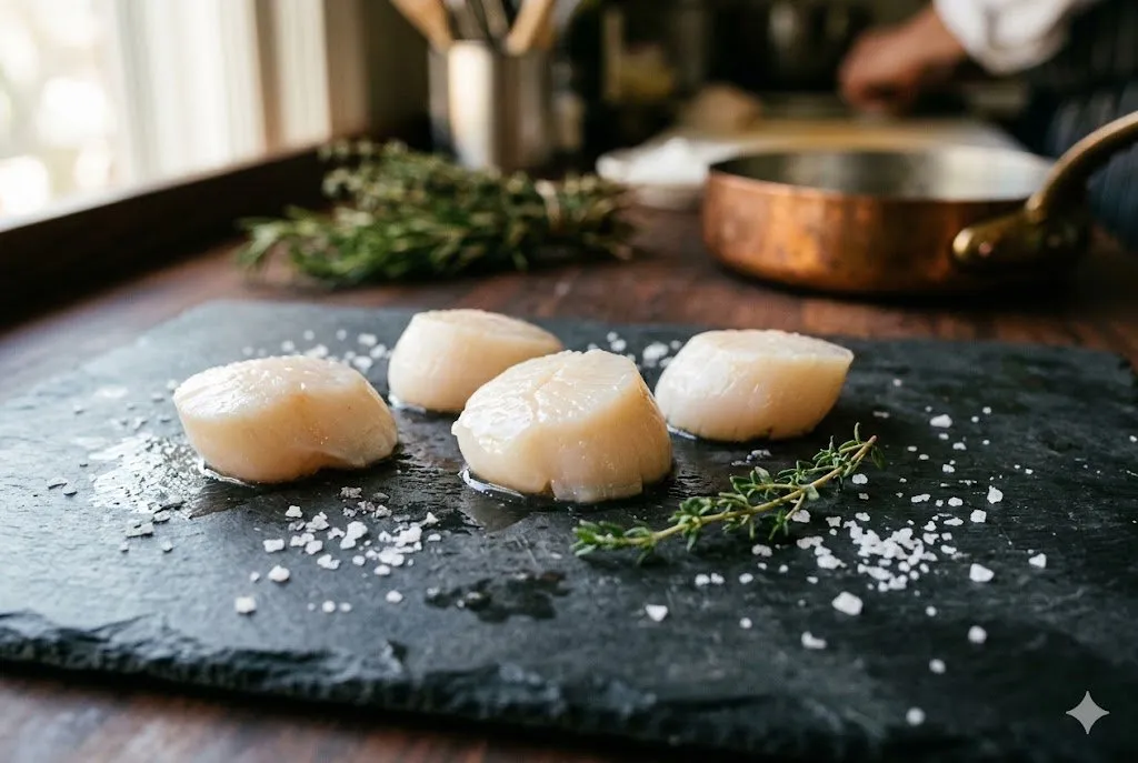 Fresh raw scallops on a dark slate board with sea salt and thyme
