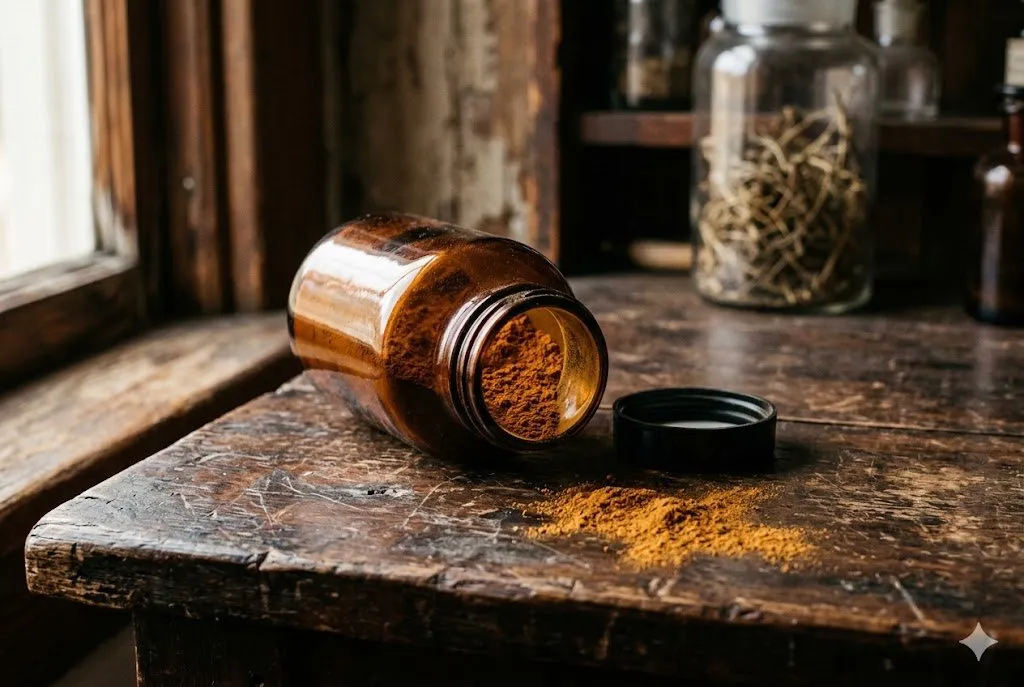 Tipped-over amber glass bottle with rust-coloured powder spilling onto a dark wooden counter