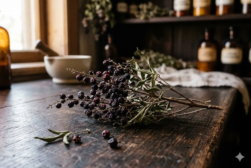 Dark purple-black chaste berries on woody branches with dried leaves on a wooden counter