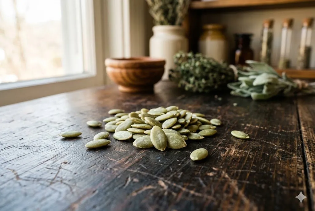 Pile of pale green pumpkin seeds on a dark wooden counter