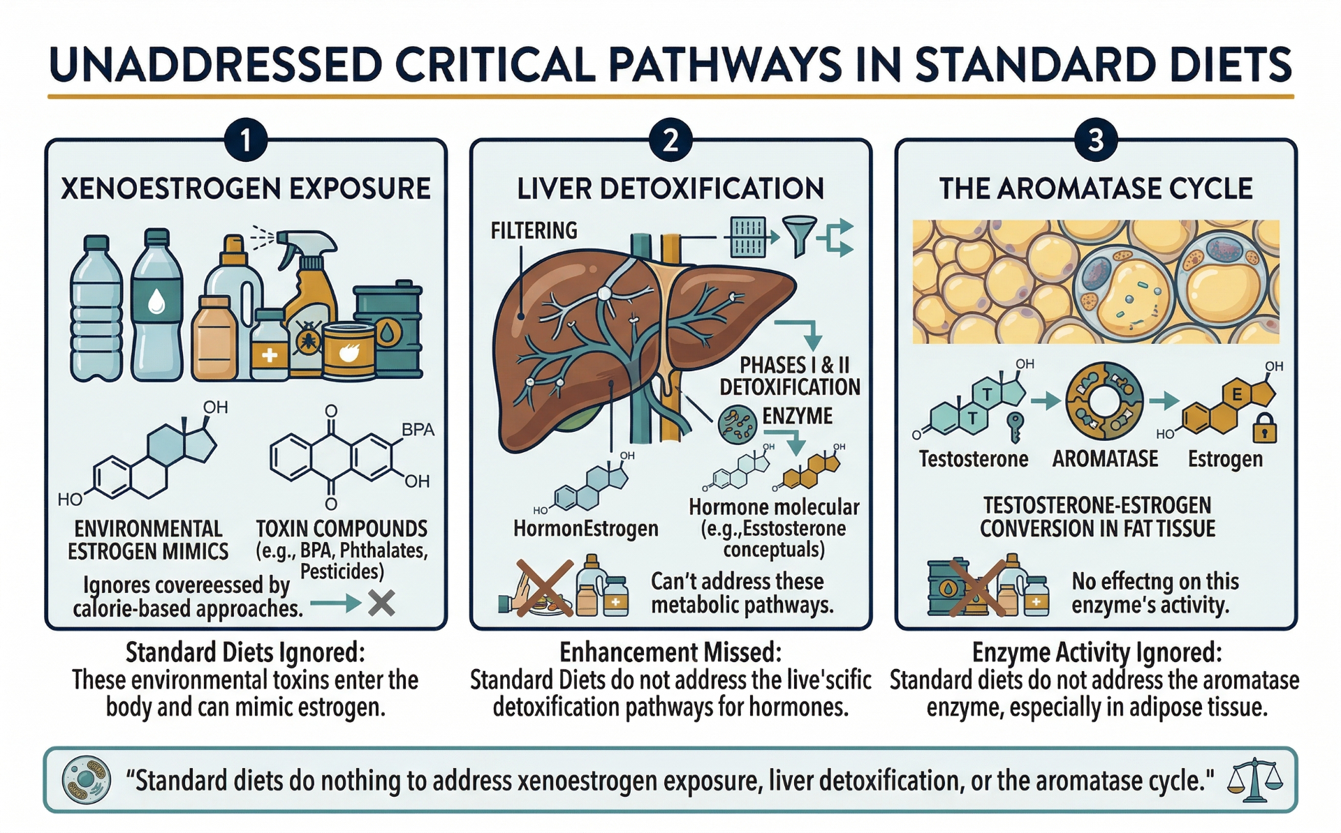 Unaddressed critical pathways in standard diets — xenoestrogen exposure, liver detoxification, and the aromatase cycle