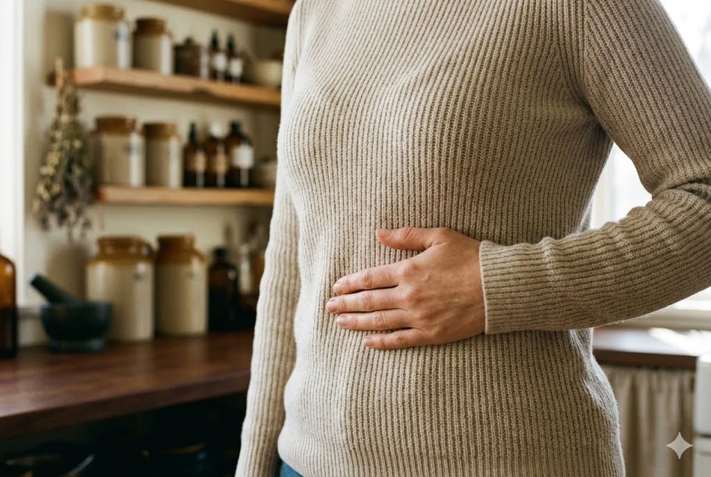 Woman in cream ribbed knit sweater with hand resting on her lower abdomen, apothecary shelving in background