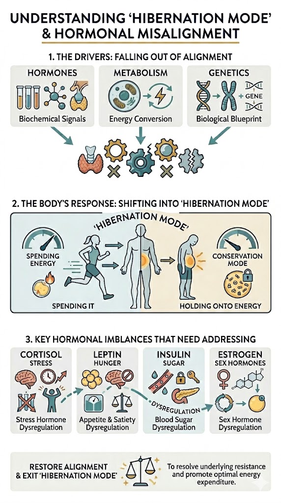 Infographic explaining hibernation mode and hormonal misalignment across hormones, metabolism, and genetics