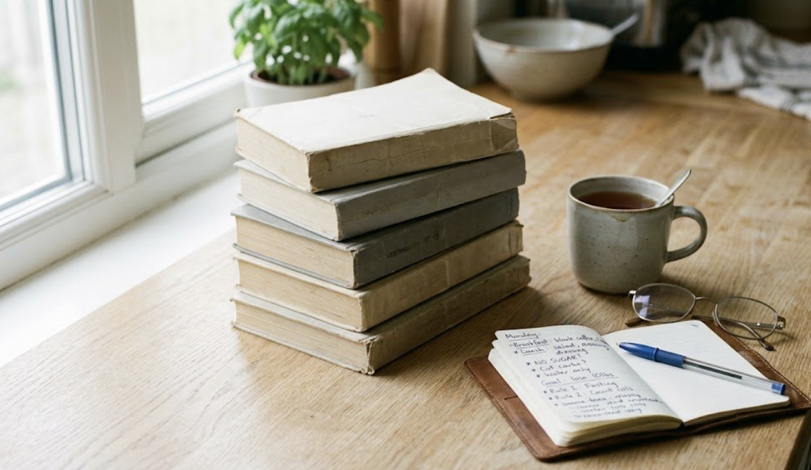 Still life on a wooden table: a stack of well-worn paperback diet books, a ceramic mug of tea, reading glasses, and an open notebook with handwritten food rules — symbolizing years of trying every diet