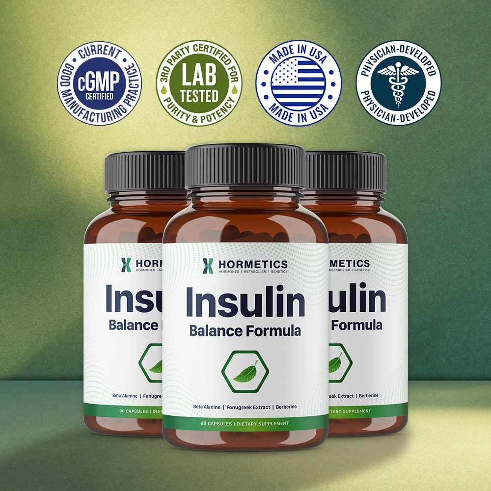 Three bottles of Insulin Balance Formula on a podium with cGMP Certified, 3rd Party Lab Tested, Made in USA, and Physician-Developed seals above