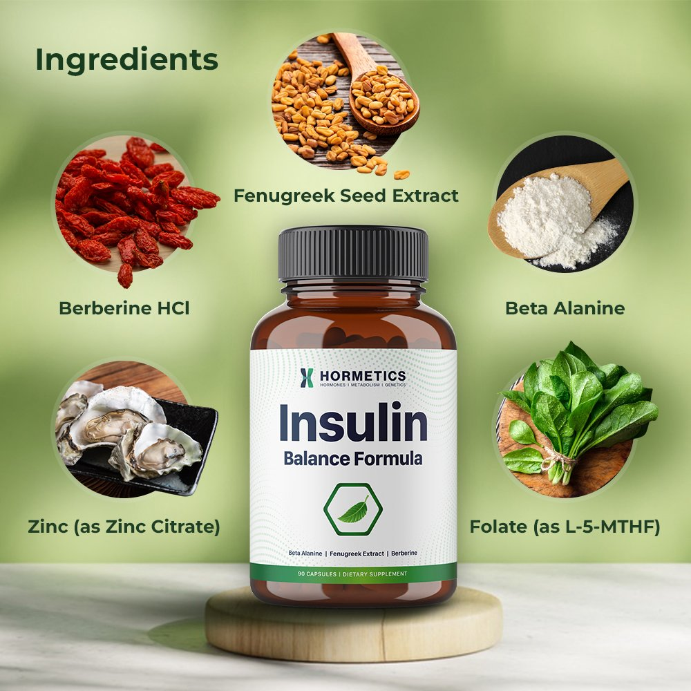 Insulin Balance Formula bottle surrounded by its five key ingredients: Berberine HCl, Fenugreek Seed Extract, Beta Alanine, Zinc, and Folate as L-5-MTHF