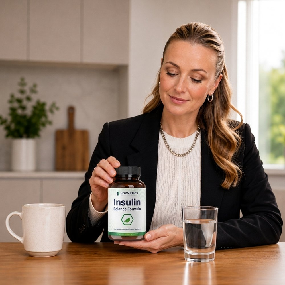 A woman at her kitchen counter holding a bottle of Hormetics Insulin Balance Formula, with a mug and water glass beside her