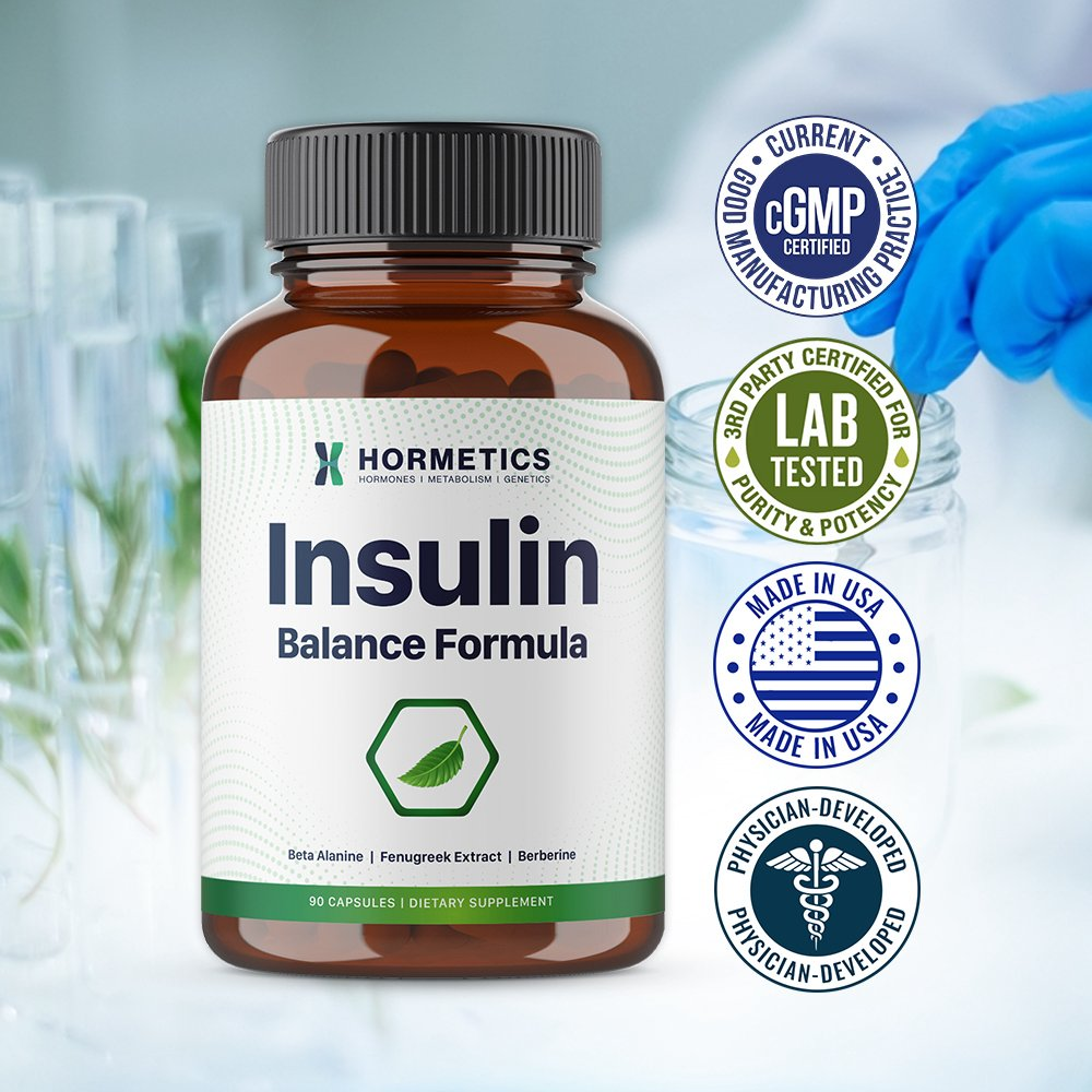 Insulin Balance Formula bottle on a laboratory background with cGMP Certified, 3rd Party Lab Tested, Made in USA, and Physician-Developed seals