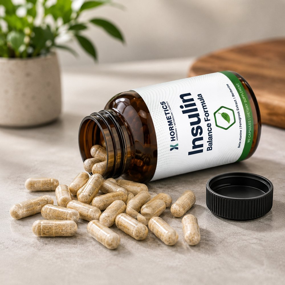 Open bottle of Insulin Balance Formula with capsules spilled onto a counter