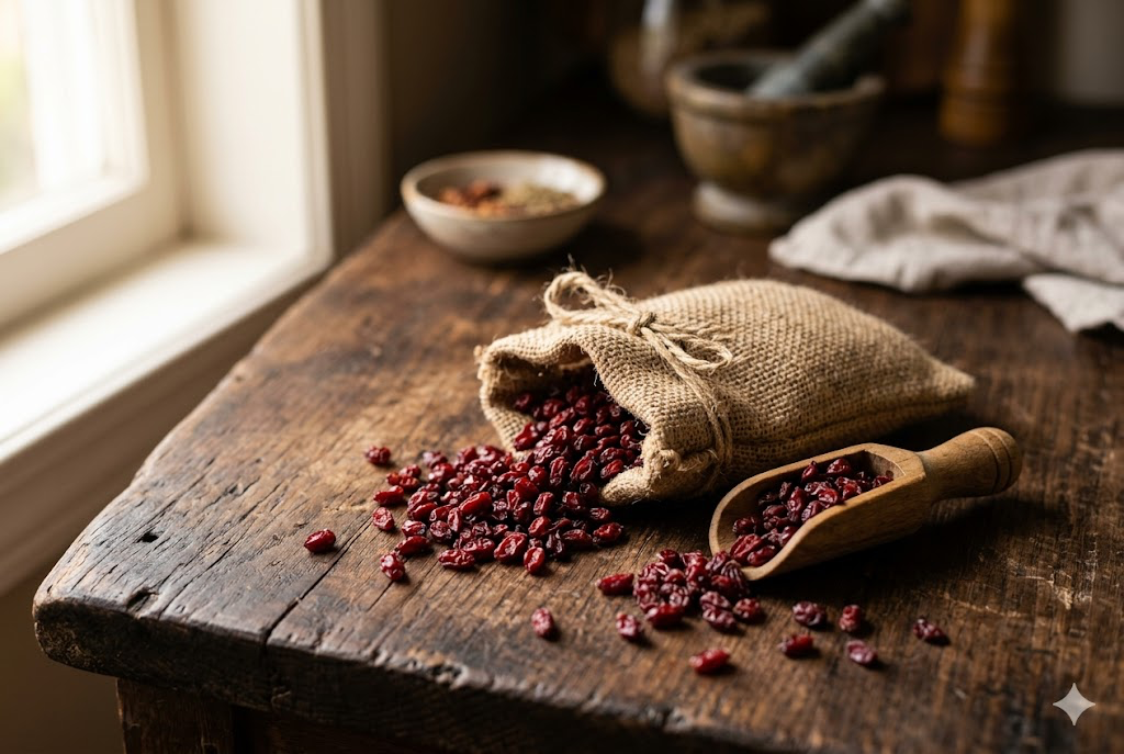 Dried barberries spilling from a hessian sack on a wooden table