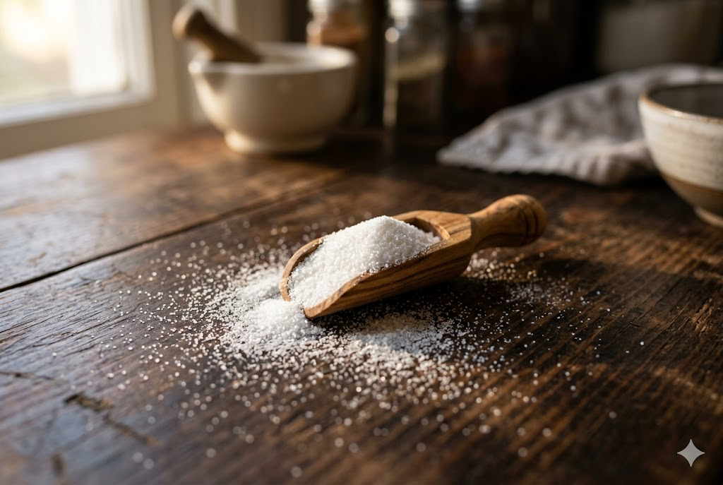 White crystalline amino acid powder in a wooden scoop