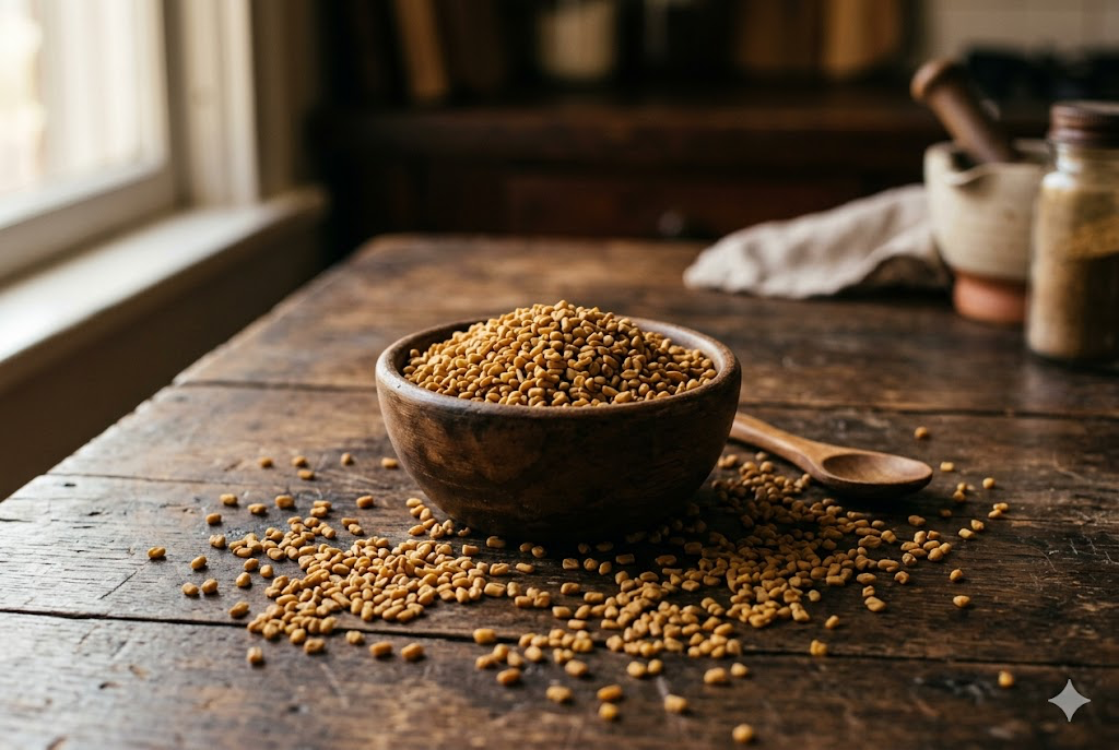 Fenugreek seeds in a wooden bowl on a rustic kitchen table