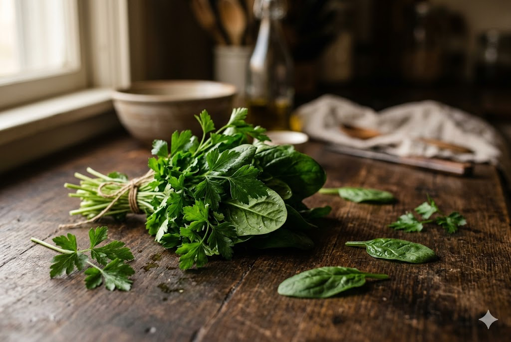 Fresh parsley and spinach leaves tied in a bundle on a wooden table