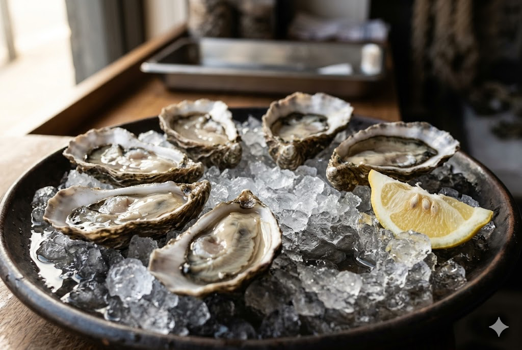 Fresh oysters on the half-shell on crushed ice