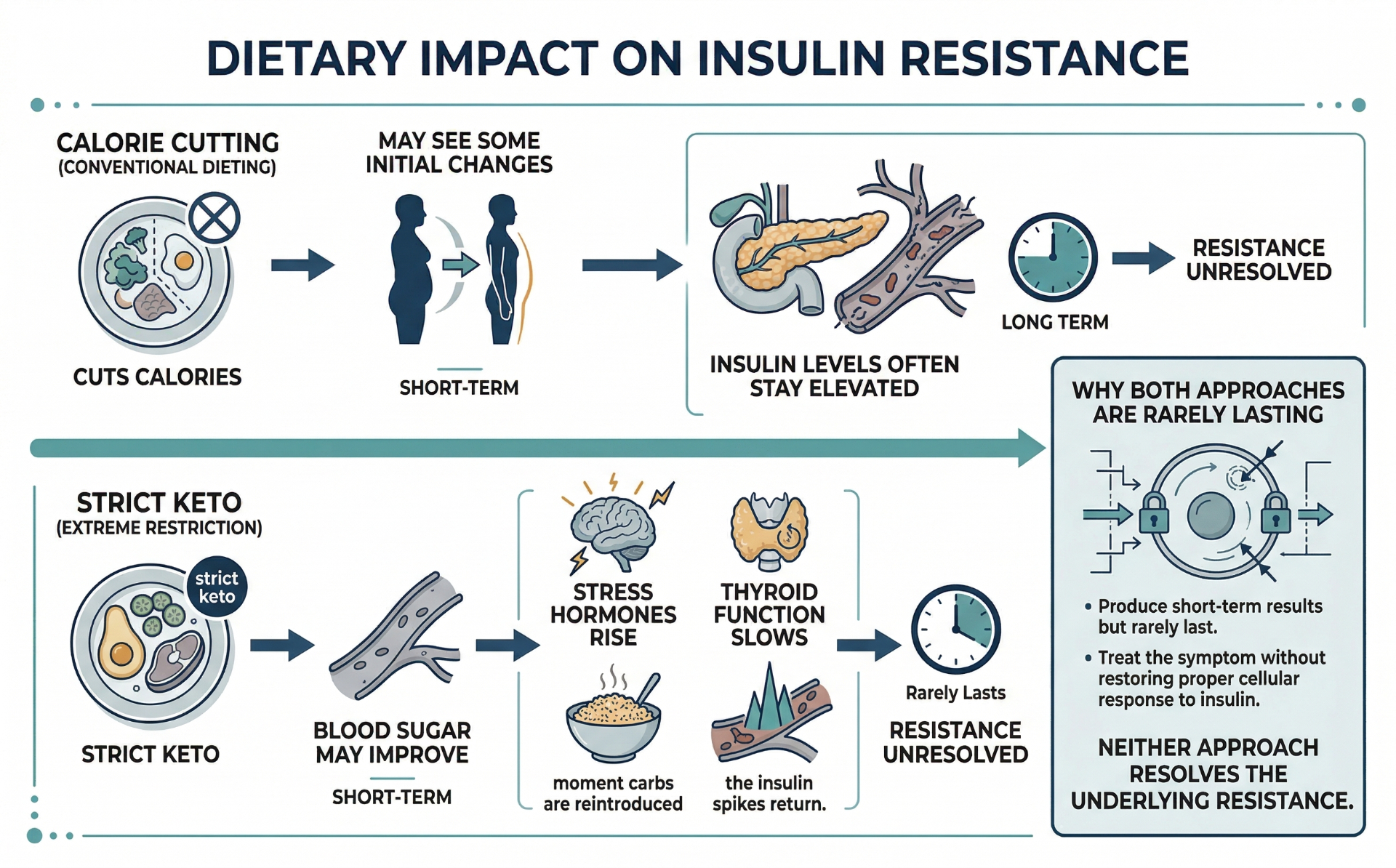 Dietary impact on high insulin — why calorie cutting and strict keto rarely resolve the underlying resistance