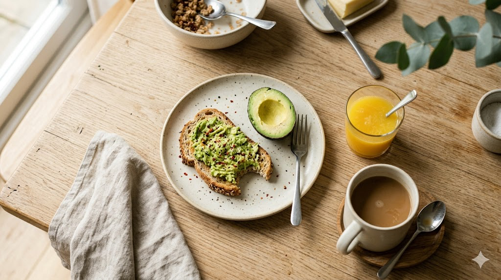 Breakfast on a wooden table: toast, avocado, coffee, and orange juice