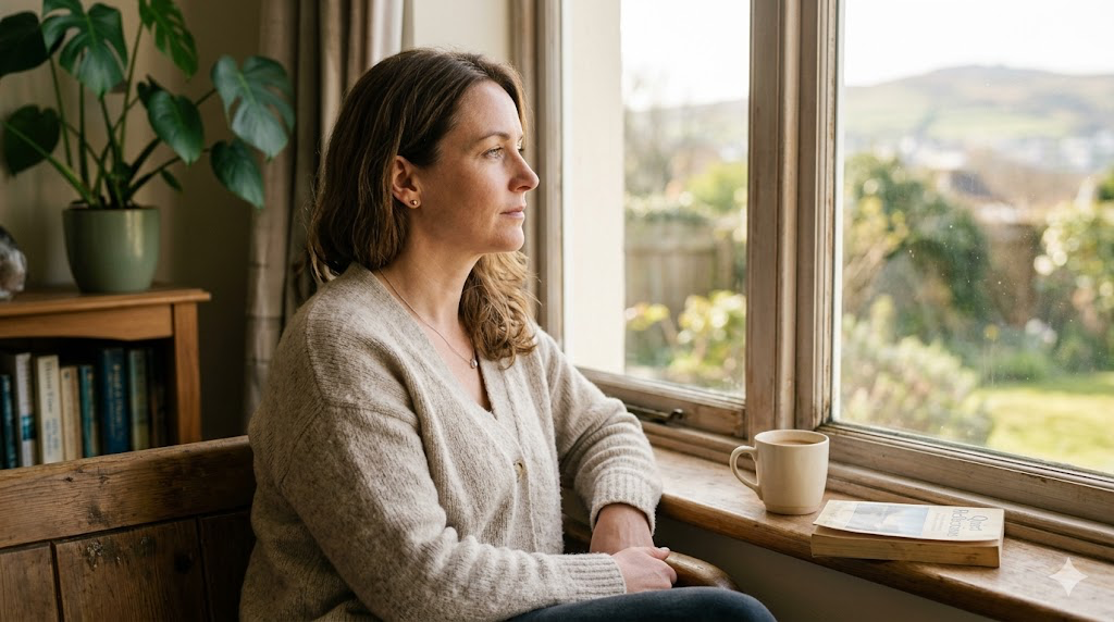 Woman sitting by a window with a cup of tea, looking thoughtfully at the view