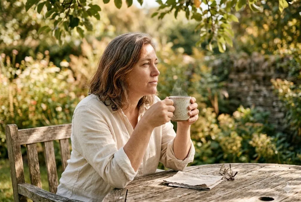 Janet sitting in her garden with a cup of tea