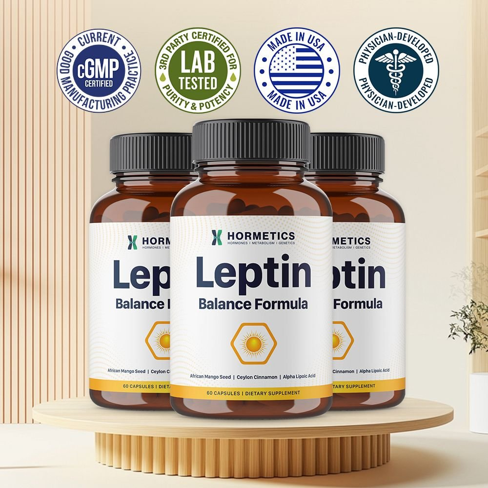 Three bottles of Leptin Balance Formula on a display podium with cGMP Certified, 3rd Party Lab Tested, Made in USA, and Physician-Developed seals above