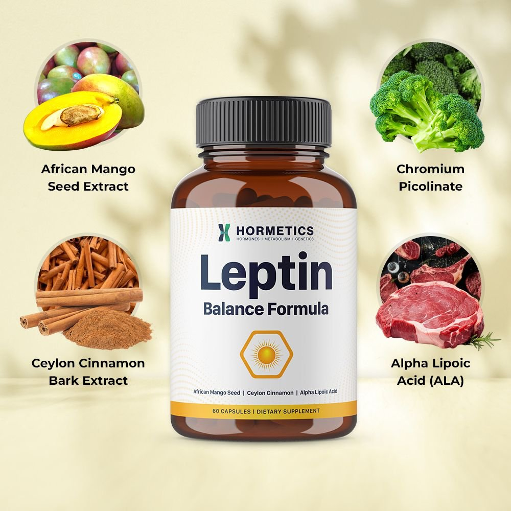 Leptin Balance Formula bottle surrounded by its four key ingredients: African Mango Seed, Ceylon Cinnamon Bark, Chromium Picolinate, and Alpha Lipoic Acid