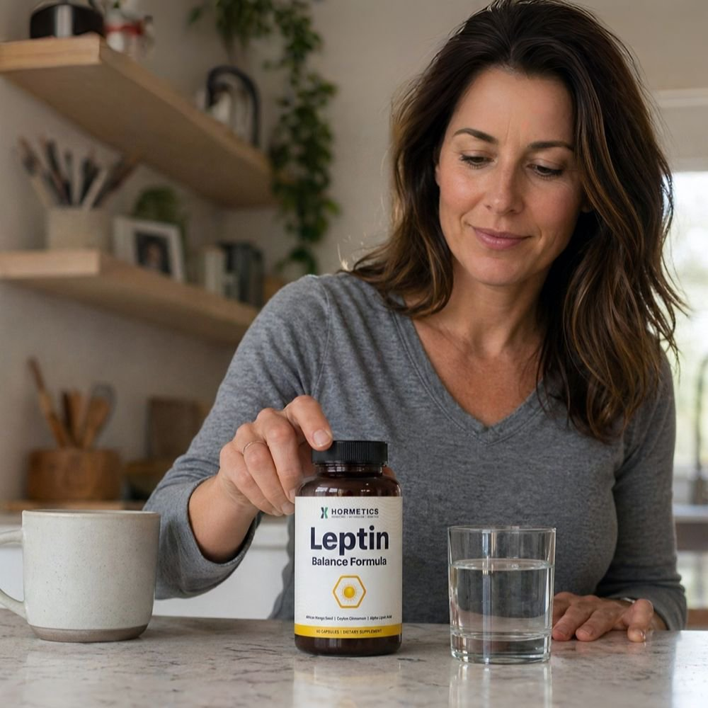 A woman at her kitchen counter reaching for a bottle of Hormetics Leptin Balance Formula