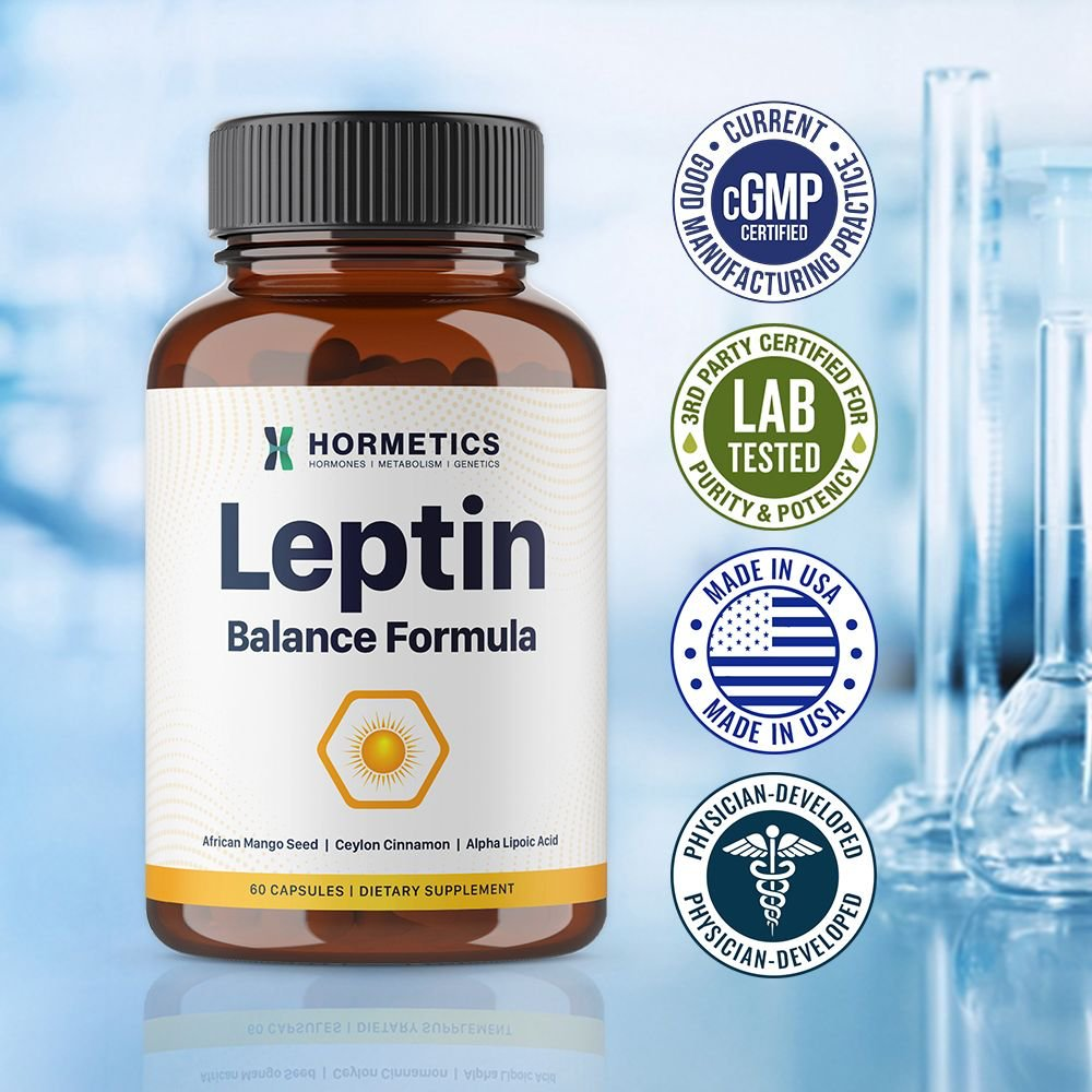 Leptin Balance Formula bottle on a laboratory background with cGMP Certified, 3rd Party Lab Tested, Made in USA, and Physician-Developed seals