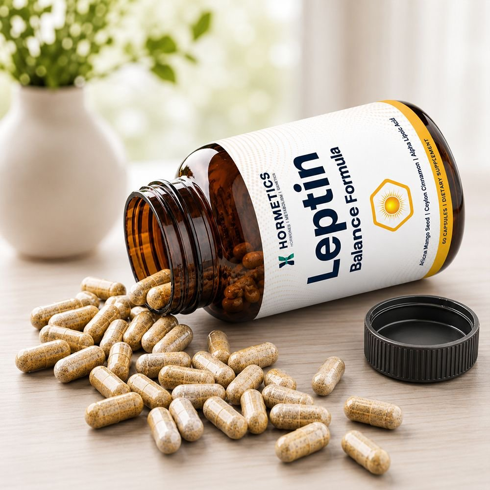 Open bottle of Leptin Balance Formula with capsules spilled onto a wooden table