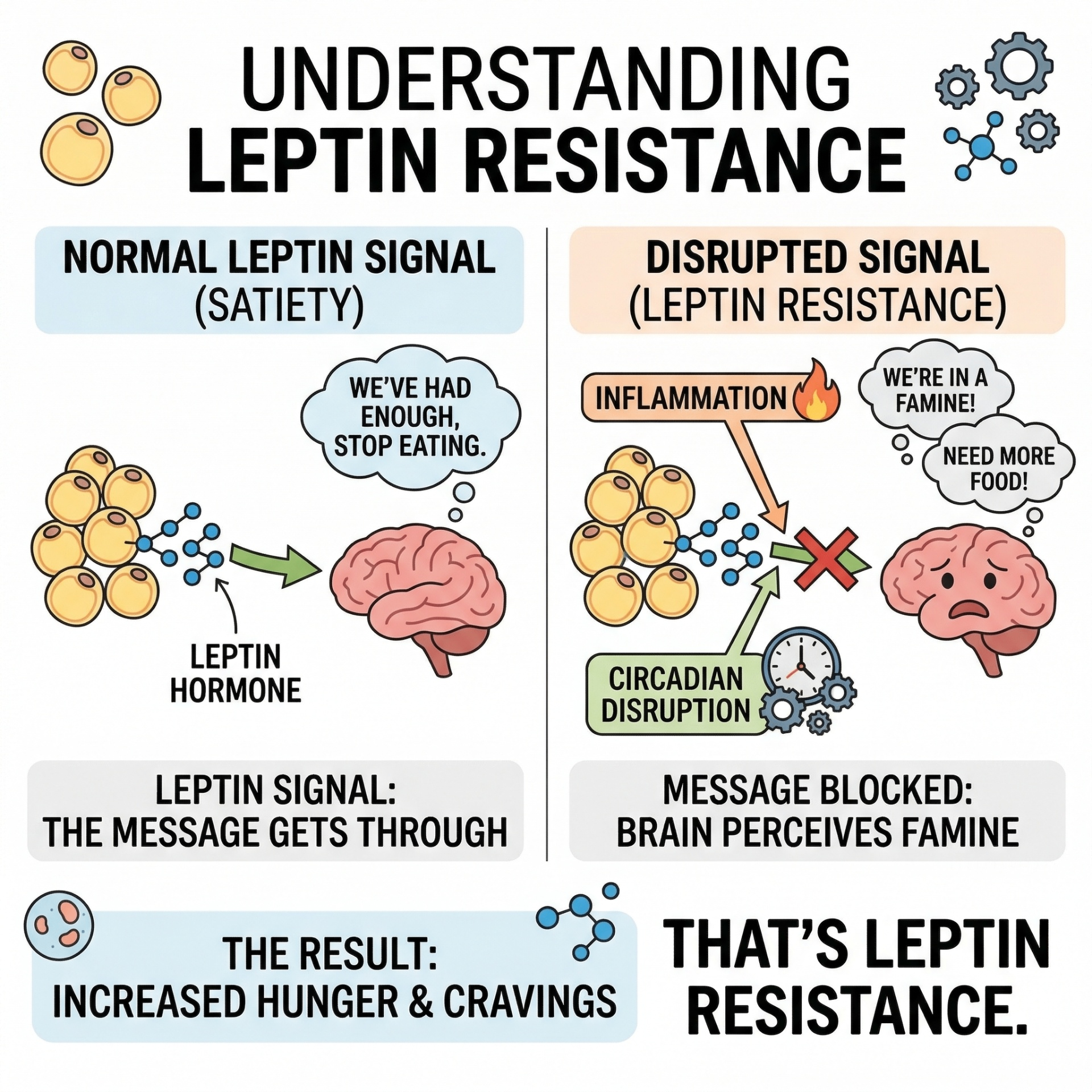 Understanding leptin resistance: side-by-side diagram comparing the normal leptin satiety signal with the disrupted signal caused by inflammation and circadian disruption